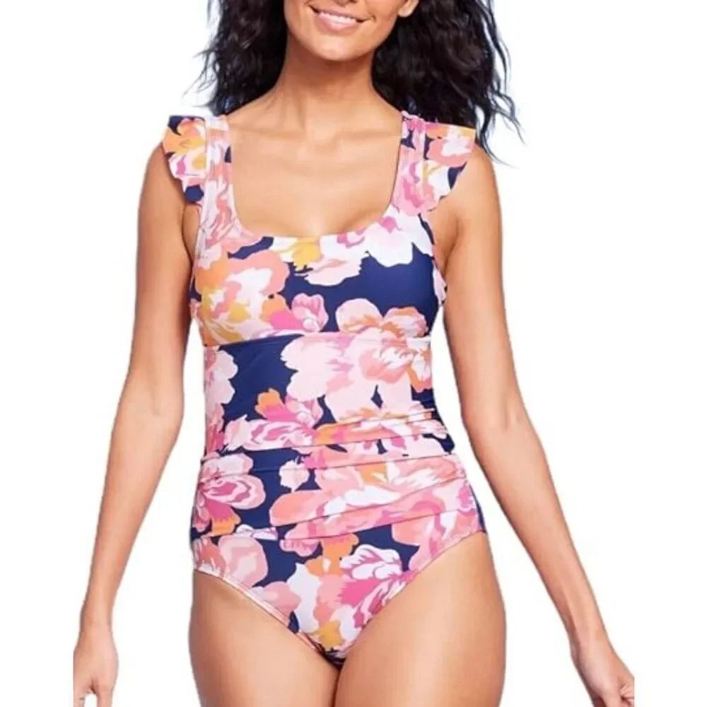 Kona Sol ruched tummy control ruffle sleeve floral one piece swimwear small 4/6
